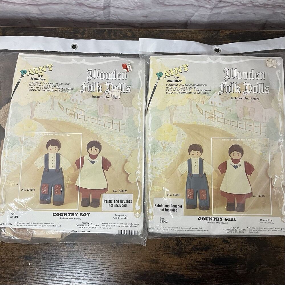 Vintage 1980s Wooden Folk Dolls Paint by Number Kits Country Boy & Girl NOS NIP